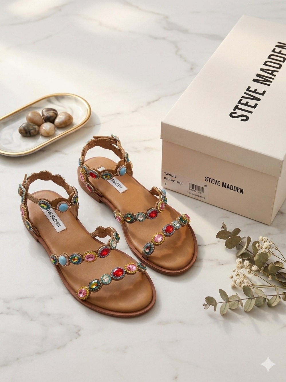 Steve Madden Tan Sandals with Multicolor Gem Accents